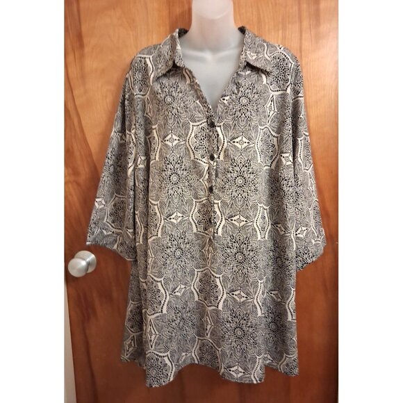 Catherines Black Beige blouse top Short Sleeve Collared Career Tunic 3X 26/28W - Picture 1 of 4